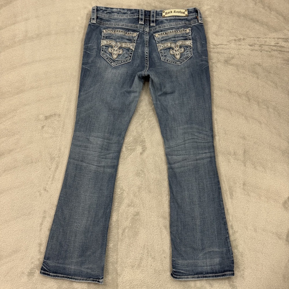 Rock Revival Women's Blue Bootcut Jeans Embroidered 30 Mid Rise Denim Rhinestone